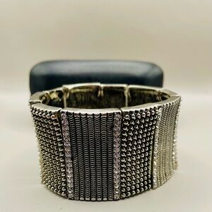 Patterned rectangle and rhinestone stretch bracelet. Wide cuff bracelet. Bling